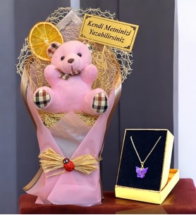 Sizlere Özel Peluş Ayıcık Buketi, Peluş Ayıcık Buketi & Kelebek Kolye Hediye Seti