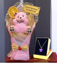 Sizlere Özel Peluş Ayıcık Buketi, Peluş Ayıcık Buketi & Kelebek Kolye Hediye Seti