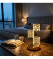 3 Parça Silindirik Kristal Ekose Kareli LED Masa Lambası – Gold Gövdeli, Dokunmatik, 3 Kademe Işık A
