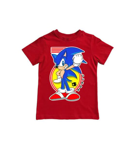 Sonic kirpi baskılı pamuklu penye kumaş yazlık çocuk tişört (Kırmızı)