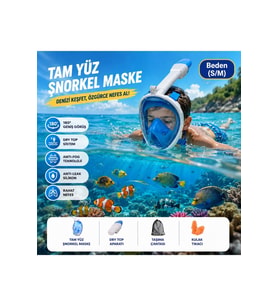HyMark Tam Yüz Şnorkel Maske (S-M) Beden Panoramik Görüşlü Deniz Gözlüğü Dry Top Sistem Şnorkel Seti