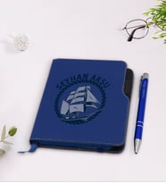 BK Gift Kişiye Özel Gemi Tasarımlı Lacivert Termo Deri Defter Kalem Seti-1