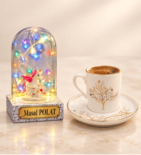 Hayat Ağacı Tasarımlı Kahve Fincanı ve Kişiye Özel Yazılı Renkli LED Unicornlu Fanus
