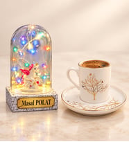 Hayat Ağacı Tasarımlı Kahve Fincanı ve Kişiye Özel Yazılı Renkli LED Unicornlu Fanus