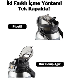 TKK Büyük Boy 1000ml Pipetli/Pipetsiz Kullanım Askılı Paslanmaz Çelik Termos Matara (Siyah)