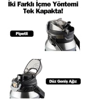 TKK Büyük Boy 1000ml Pipetli/Pipetsiz Kullanım Askılı Paslanmaz Çelik Termos Matara (Siyah)