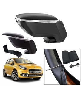 Lüks Set Fiat Punto Evo 2016 Delmesiz Çelik Ayaklı Gri-Siyah Kolçak Kol Dayama, Direksiyon Kılıfı