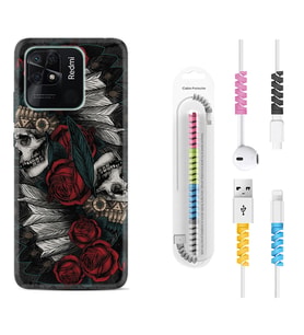 Xiaomi Poco X3 Pro M4 Pro X4 Pro C40 10C Kılıf Kablo Koruma Spiral Silikon Skull Rose 1673