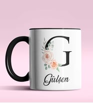 Kişiye Özel G Harfi Temalı Gül Tasarım Siyah Renk Kupa (Siyah)