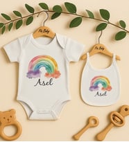 Pia Baby Premium %100 Pamuk İsme Özel Organik Baskılı Çıtçıtlı Bebek Body Ve Önlük 5016-20 (Ekru)