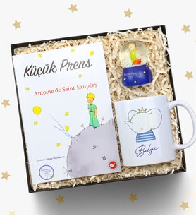 Kişiye Özel Kupa Bardak & Küçük Prens Kitabı & Mavi Küçük Prens Kar Küresi Hediye Seti