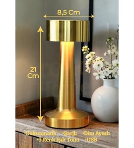 Dokunmatik Masa Gece Lambası Dokunmatik Lamba Abajur Led Şarjlı Masa Lambası Gold Boy:21 Cm Ledli