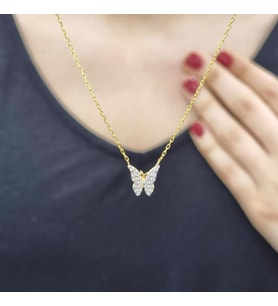 Kelebek Zirkon Taşlı Gold Kaplama 925 Ayar Gümüş Kolye (Karışık)