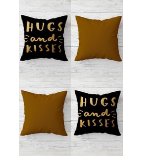 Hugs And Kisses Kombin Gizli Fermuarlı Kırlent Kılıfı Koltuk Yastık Kılıfı Takım(4adet) (Gold)