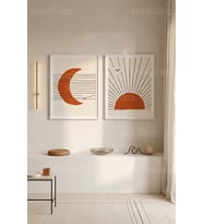 Minimalist Güneş ve Ay 2'li Ahşap Çerçeveli Tablo Seti