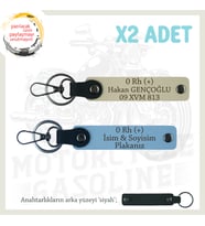 Motorcu Tarzına Uygun, İsim Plaka ve 0 Rh (+) Kan Grubu Yazılı x2 Anahtarlık Set, Mavi-S Kahve-Syh