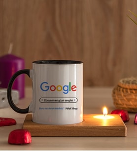 Kişiye Özel Google Tasarım Esprili Ahşap Altlıklı Mumlu Siyah Kupa