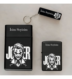 Joker Desenli Kişiye Özel İsimli Çakmak,Metal Tabaka ve Anahtarlık Seti - 3'lü Hediye Set SMP29