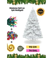 Premium Süsleme Seti Yılbaşı Beyaz Çam Ağacı Renkli Işığı Yeni Yıl Süsleri Noel Paketi 90 Cm 76 Dal