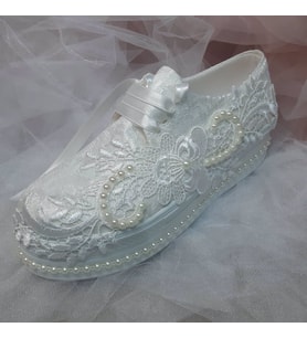 Berush Bride 242 Serisi  Dolgu Topuk Çiçek Güpürlü Gelinlik Ayakkabısı (Sedef)
