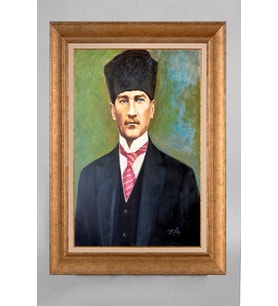 Altın Varaklı Çerçeveli Paspartulu Atatürk Tablo a628 (Gold)