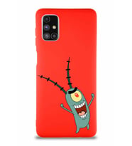 Samsung Galaxy M51 Soft Premier Kapak Plankton Tasarımlı Silikon Kılıf - Kırmızı (Şeffaf)