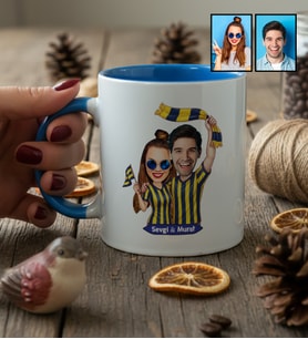 Kişiye Özel Karikatürlü Sarı Lacivert Taraftar Sevgiliye Hediye Kupa Bardak Sevgililer Günü Hediyesi