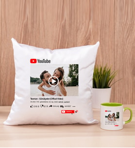 Kişiye Özel Youtube Tasarım Fotoğraflı Kare Yastık ve Yeşil Kupa