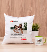 Kişiye Özel Youtube Tasarım Fotoğraflı Kare Yastık ve Yeşil Kupa