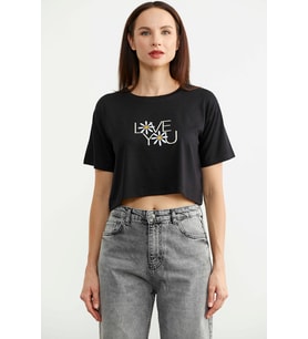 Oversize Baskılı Crop Tişört - Siyah
