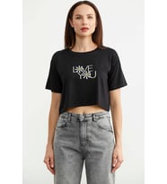 Oversize Baskılı Crop Tişört - Siyah