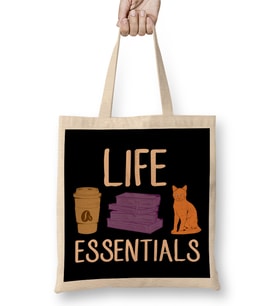 Cute Life Essentials Are Coffee Books and Cats Bez Çanta Uzun Saplı