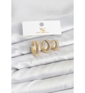 Pirinç Gold Renk Zirkon Taşlı Halka Model YSX Trio Küpe Seti - TJ-BKP11558