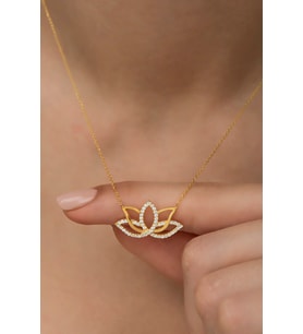 925 Ayar Gümüş Gold Zirkon Taşlı Lotus Çiçeği Kolye
