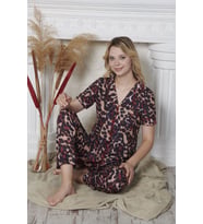 Kadın Bordo Leopar Desenli Kısa Kollu Düğmeli Pijama Takımı 10120