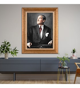 Altın Varaklı Çerçeveli Paspartulu Atatürk Tablo z4622 (Gold)