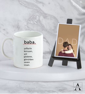 Kişiye Özel Hediye Seti - BabaTemalı Beyaz Kupa - Ahşap Şövale - Polaroid Fotoğraf