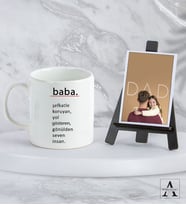 Kişiye Özel Hediye Seti - BabaTemalı Beyaz Kupa - Ahşap Şövale - Polaroid Fotoğraf