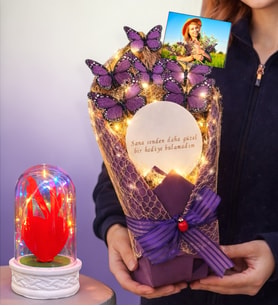 Size Özel Fotoğraflı Led Işıklı Aynalı Kelebek Buketi & Renkli Led Işıklı Fanuslu (Model 7)