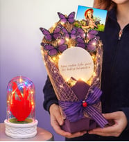 Size Özel Fotoğraflı Led Işıklı Aynalı Kelebek Buketi & Renkli Led Işıklı Fanuslu (Model 7)