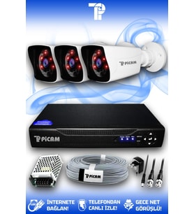 PICAM 3 Kameralı Kare 3 Dış Kamera Set HDD'siz Full HD Gece Görüşlü Güvenlik Kamerası Sistemi