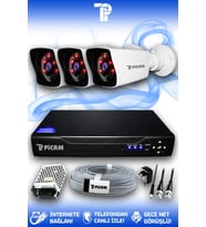 PICAM 3 Kameralı Kare 3 Dış Kamera Set HDD'siz Full HD Gece Görüşlü Güvenlik Kamerası Sistemi