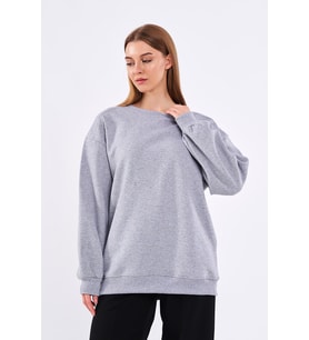 Gri Kadın Pamuklu Oversize Basic Bisiklet Yaka Sweatshirt