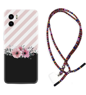 Vivo Y15S Y32 Y33S Y51 Y53S Kılıf Boyun Asklı Rasta Silikon Strip Pink Flowers 1396