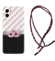 Vivo Y15S Y32 Y33S Y51 Y53S Kılıf Boyun Asklı Rasta Silikon Strip Pink Flowers 1396