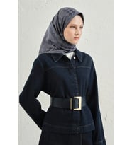 Jakarlı İpek Pamuk Dama Eşarp - 4464 (İndigo Mavi)