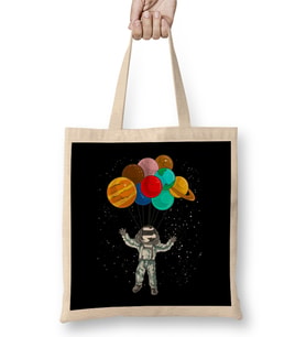Astronaut In Space Flying With Planet Balloons Bez Çanta Uzun Saplı