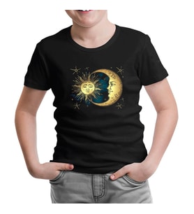 Güneş Ay ve Bulutlar Siyah Çocuk Tshirt