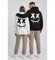 Nevermind Unisex Smile Baskılı Sevgili Kombini Oversize Hoodie Seti (Siyah - Beyaz)
