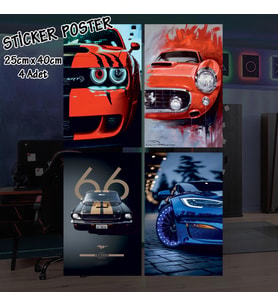 lüks nostaljik hızlı arabalar - 4 adet yapışkanlı poster sticker etiketler - dolap cam oda için